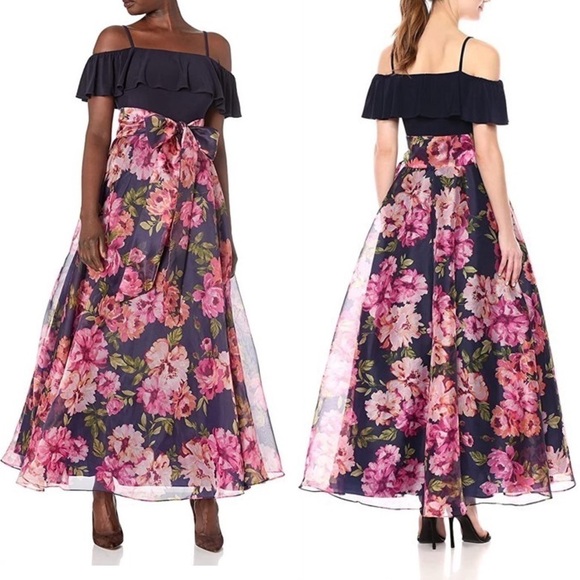 ELIZA J COLD SHOULDER FLORAL ORGANZA MAXI DRESS GOWN - Picture 1 of 15